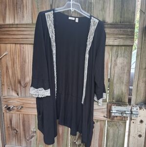 LOGO by Lori Goldstein Black Cardigan with Cream Lace Trim